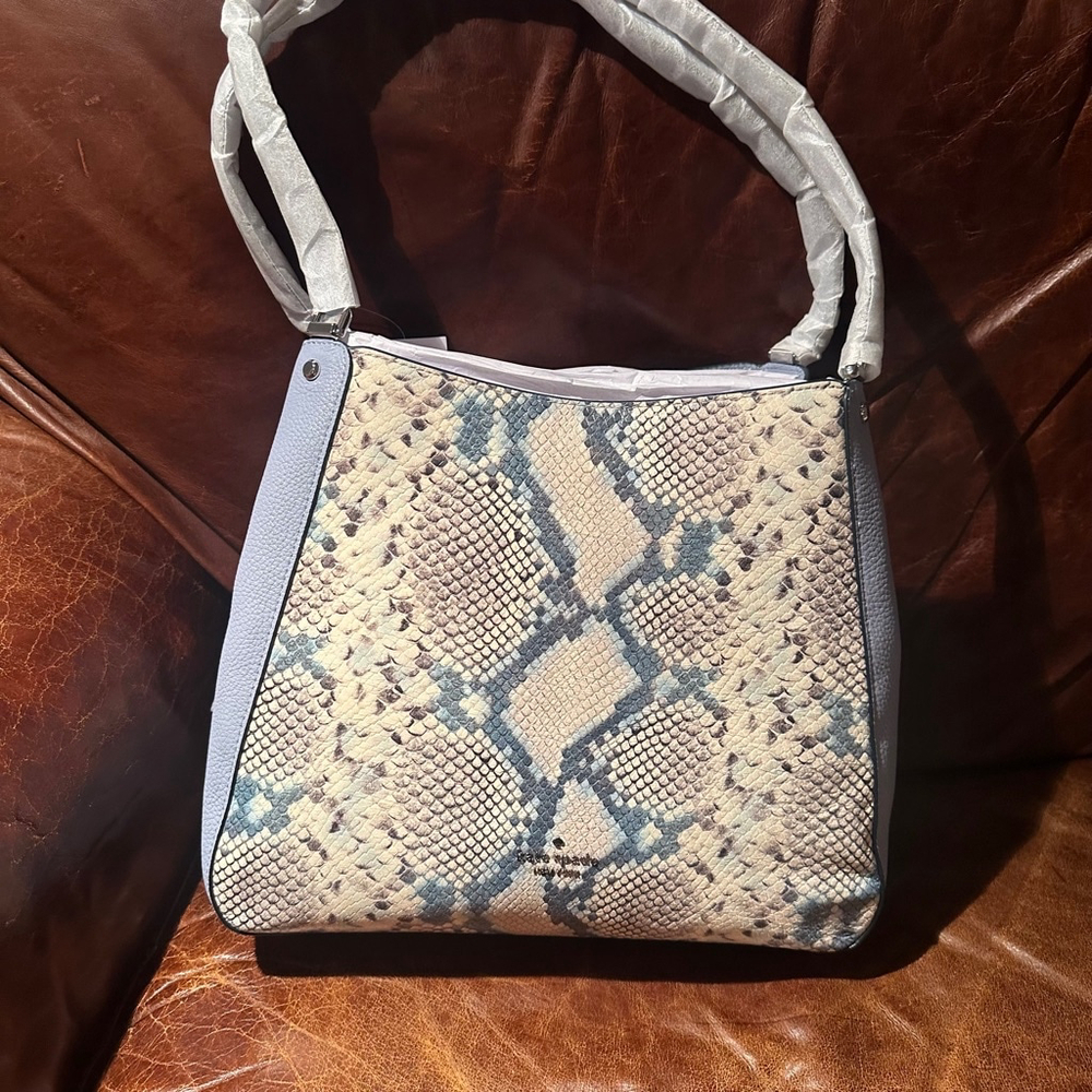 NWT Kate Spade Leila Snake Blue & Tan Medium Triple Pocket Shoulder Bag New - Picture 6 of 8